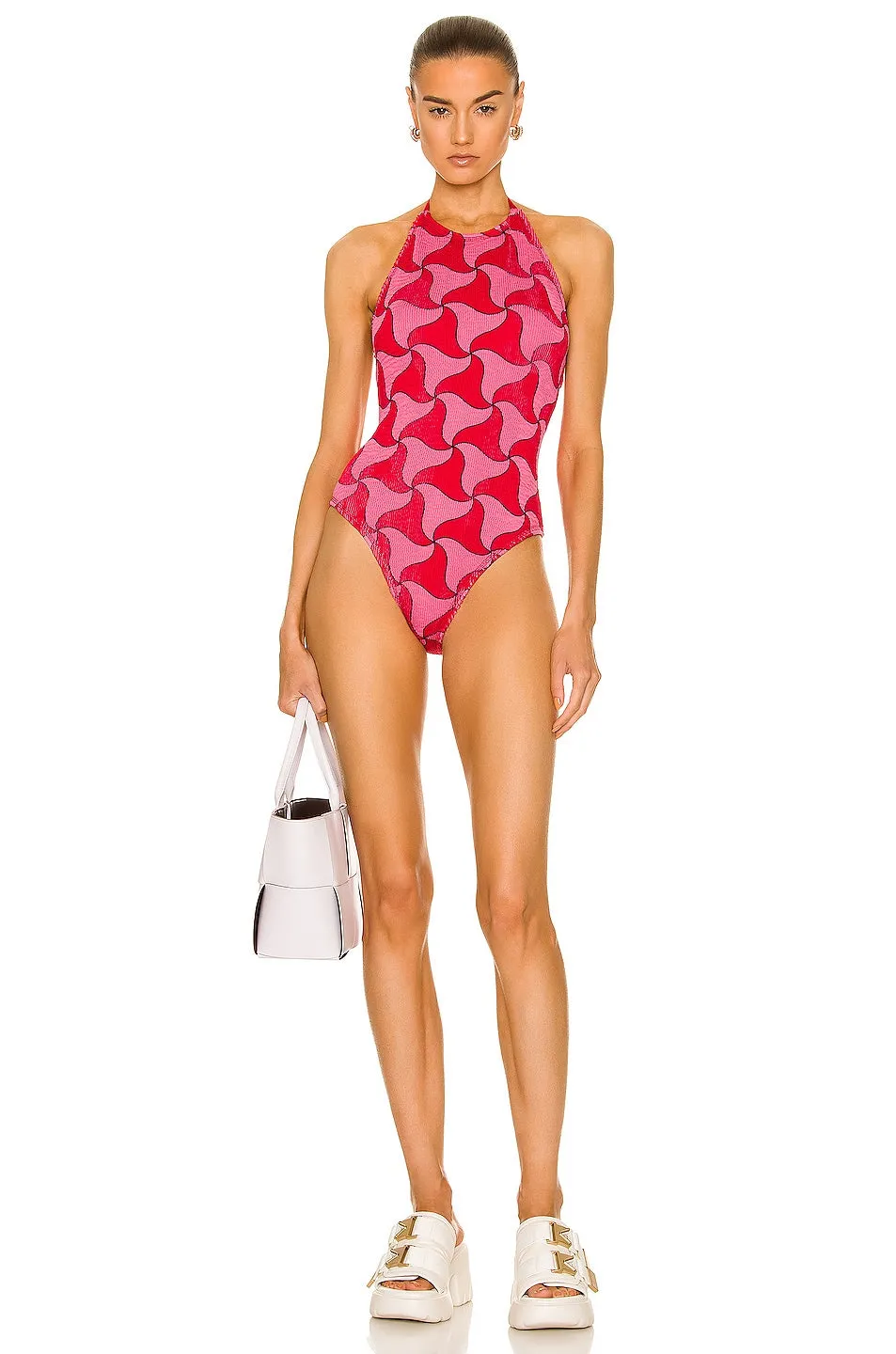 Bottega Veneta Wavy Triangle Crinkle Swimsuit, Pink & Scarlet