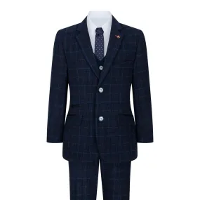 Boys Blue 3 Piece Suit Navy Check Wedding Prom Formal Vintage Tailored Fit