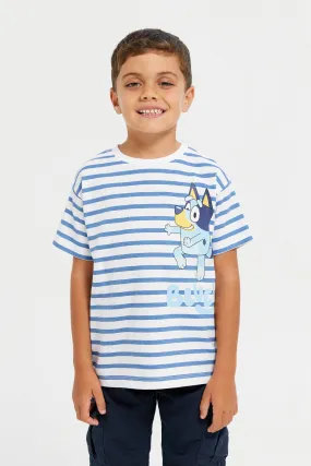 Boys White And Blue Short Sleeve Stripe Bluey T-Shirt