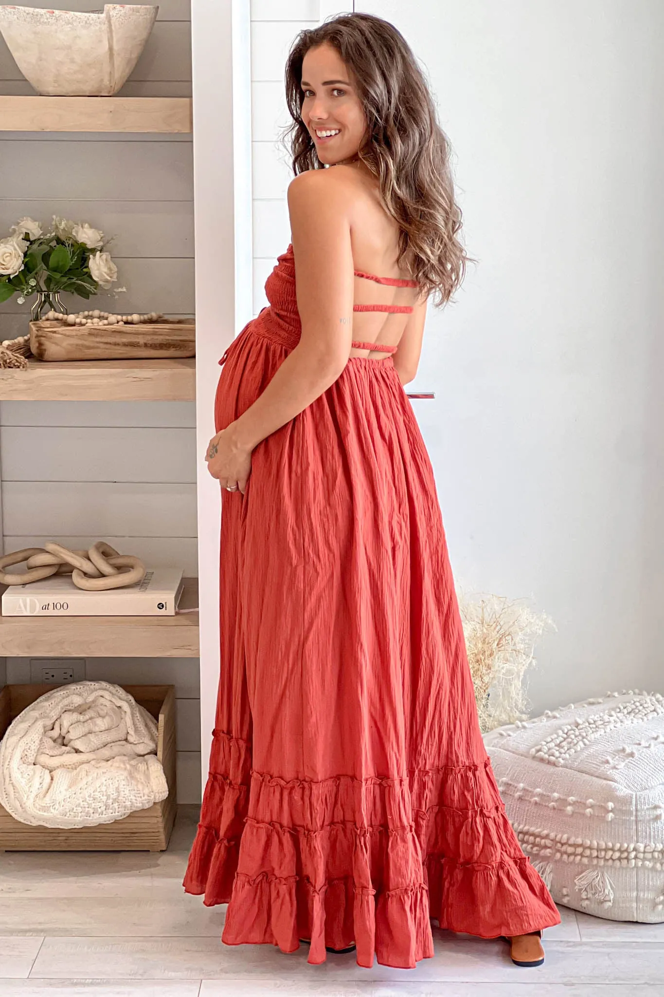 Brick Strapless Smocked Top Maternity Maxi Dress