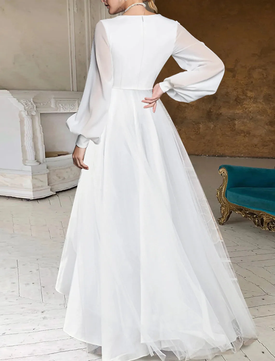 Bridal Shower Fall Wedding Dresses Little White Dresses Casual A-Line V Neck Long Sleeve Asymmetrical Chiffon Bridal Gowns With Solid Color Summer Wedding Party Women's Clothing