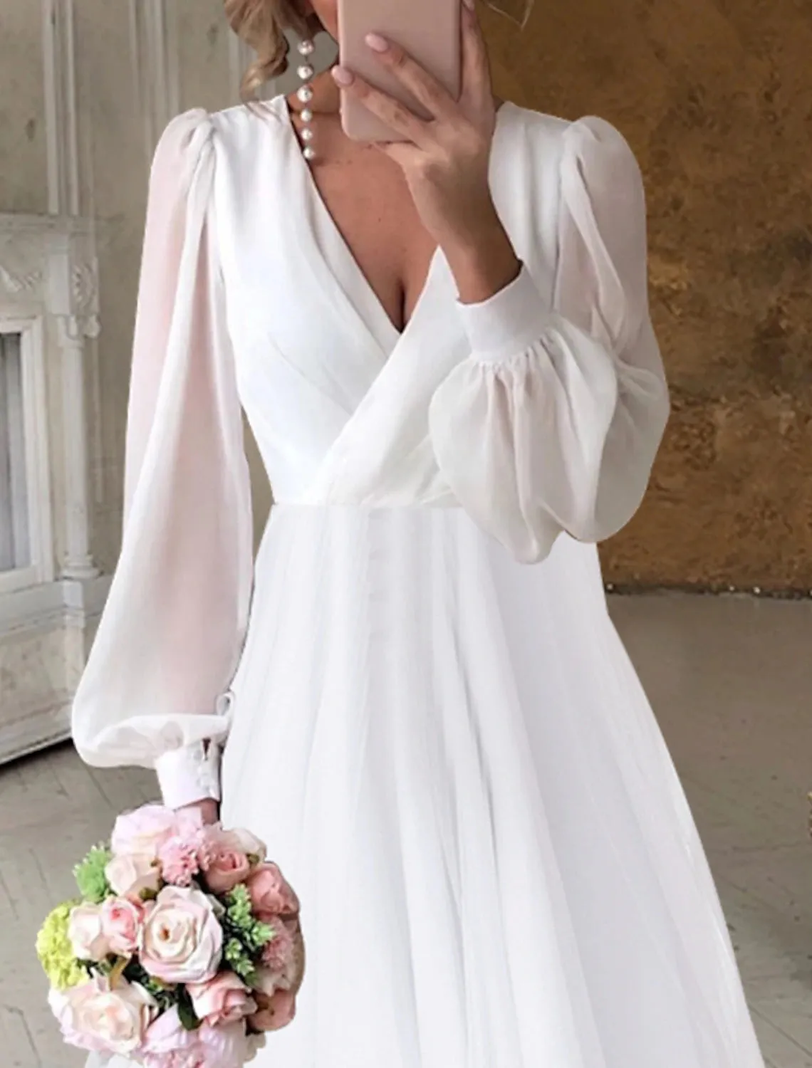 Bridal Shower Fall Wedding Dresses Little White Dresses Casual A-Line V Neck Long Sleeve Asymmetrical Chiffon Bridal Gowns With Solid Color Summer Wedding Party Women's Clothing