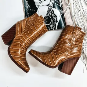 Broadway Strut Crocodile Print Heeled Ankle Booties in Caramel Brown