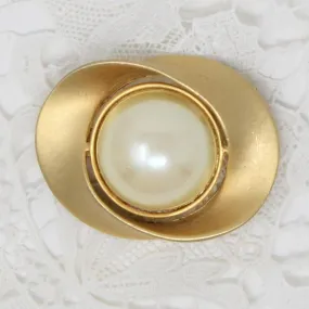 Brooch / Pin, Abstract Brushed Gold-Tone & Simulated Pearl, Vintage