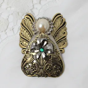 Brooch / Pin, Jane Davis AOL, Angel Gold & Silver with Pearl & Rhinestone, Signed, Vintage