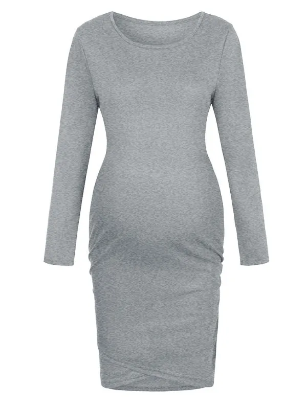 Bump-Hugging Solid Long Sleeve Maternity Bodycon Dress