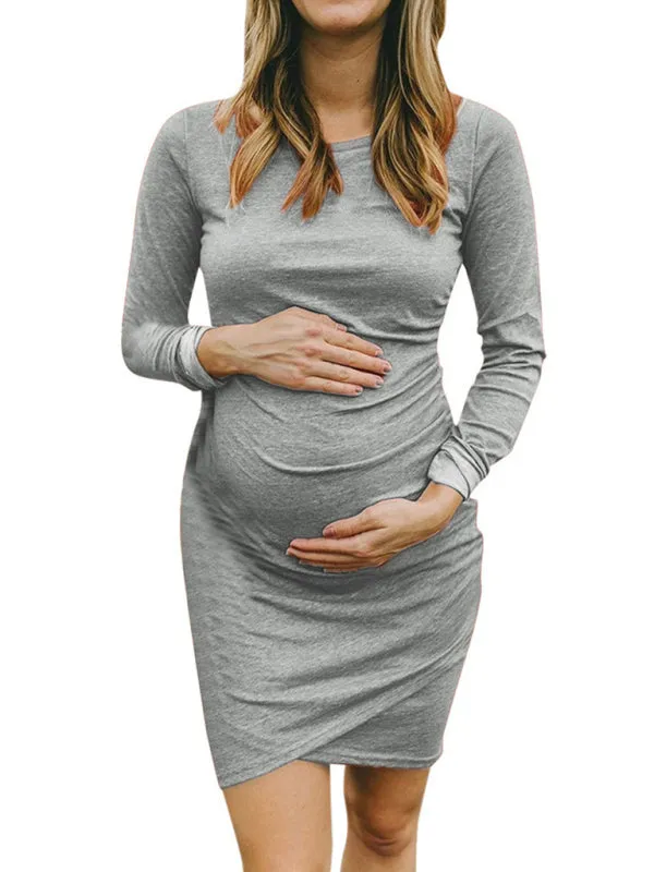 Bump-Hugging Solid Long Sleeve Maternity Bodycon Dress