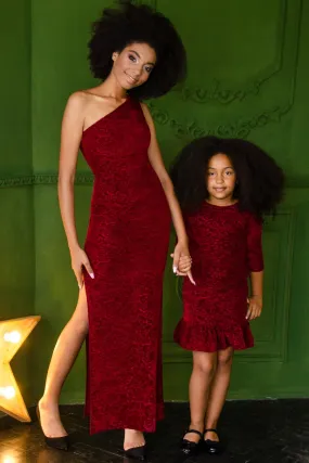 Burgundy Velvet Jacquard Holiday Dresses - Mommy & Me