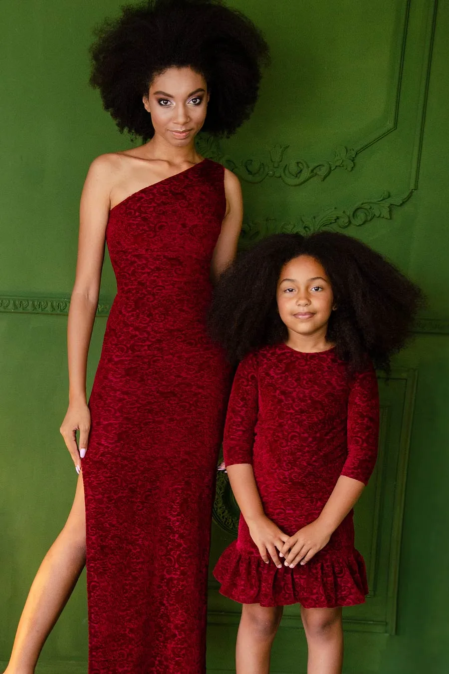 Burgundy Velvet Jacquard Holiday Dresses - Mommy & Me