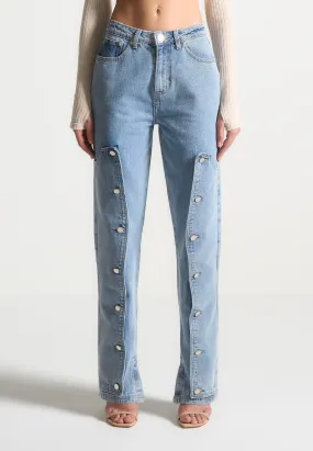 Button Down Overlay Mom Jeans - Mid Blue