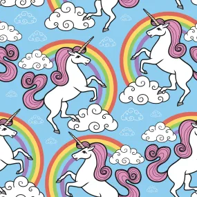 Children's Fabric, Unicorn Fabric with Rainbows on Blue, Cotton or Fleece 1400