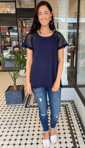 Clara Crochet Sleeve Top Navy