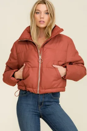 Cognac Faux Leather Long Sleeve Fluffy Puffer Jackets