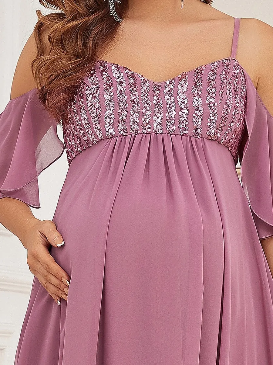 Cold Shoulder Sequin High Low Maternity Dress with Sleeves