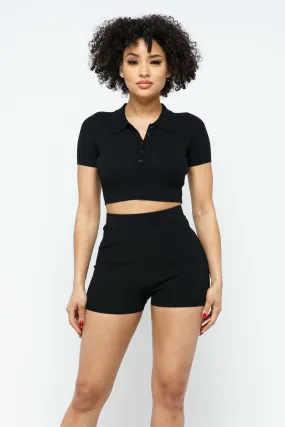 Collar Crop Top   Shorts Set