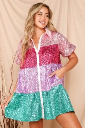 Color Block Sequin Tiered Mini Dress