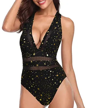 Criss-Cross Back Hollow Out One Piece Swimsuits Bathing Suit-Gold Stars