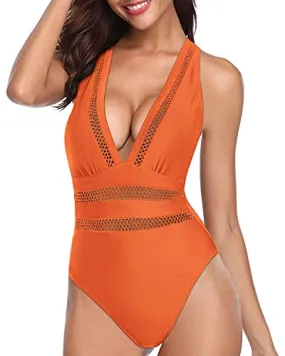 Criss-Cross Back Long Torso V Neck One Piece Swimsuits-Orange