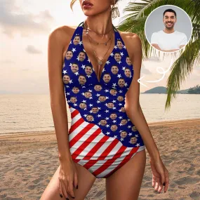 Custom Face American Flag Couple Matching Women's Tankini Sets&Men's Quick Dry 2 in 1 Beach Shorts