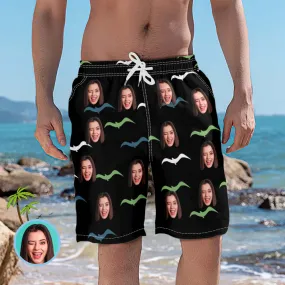 Custom Face Swim Trunks Personalized Black Beach Shorts with Seagull Funny Men's Casual Shorts