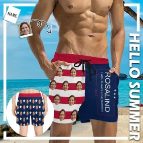 Customized Flag Swim Trunks Personalized Face & Name I Will Always Love America Men's Quick Dry Swim Shorts for Independence Day