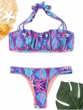 Cute Patterned Ruched Ladder Cut Bikini