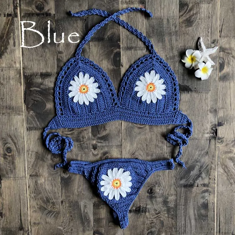 Daisy Applique Crochet Bikini In 9 Different Colors Thong Back Handmade Crocheted Boho Swimsuit White Mint Black Tan Yellow Burnt Orange Red Turquoise And Royal Blue Available In Small Medium Or Large