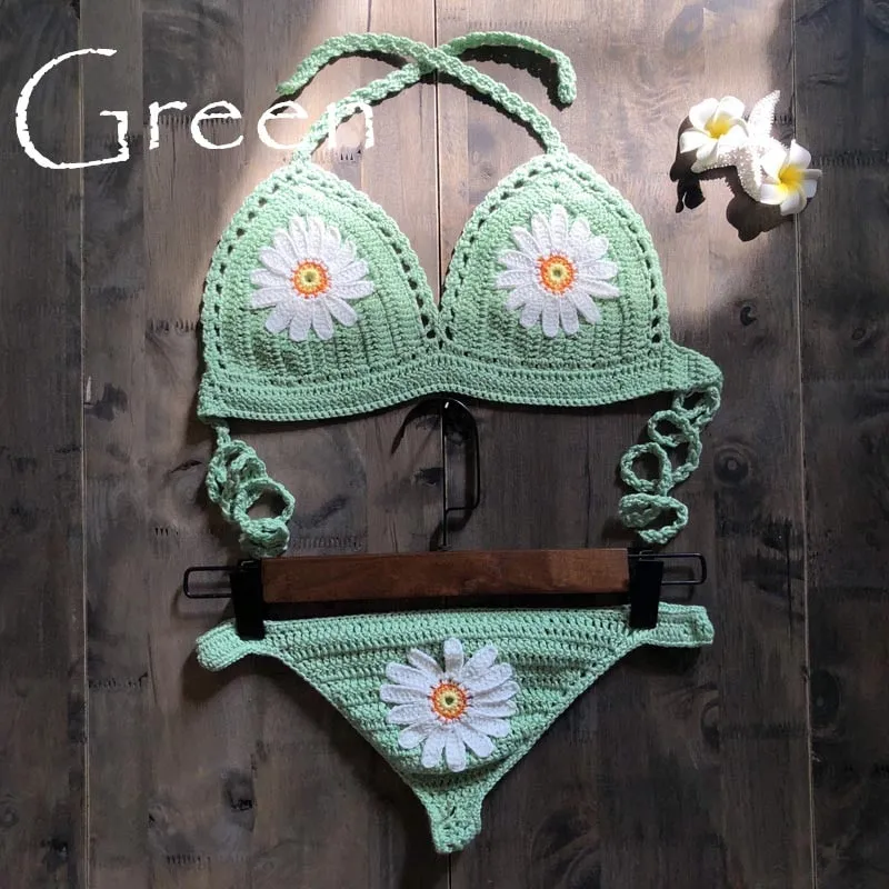 Daisy Applique Crochet Bikini In 9 Different Colors Thong Back Handmade Crocheted Boho Swimsuit White Mint Black Tan Yellow Burnt Orange Red Turquoise And Royal Blue Available In Small Medium Or Large