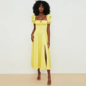 Daisy Printed Puff Sleeve High Slit Smock Maxi Sundress - Dark Yellow