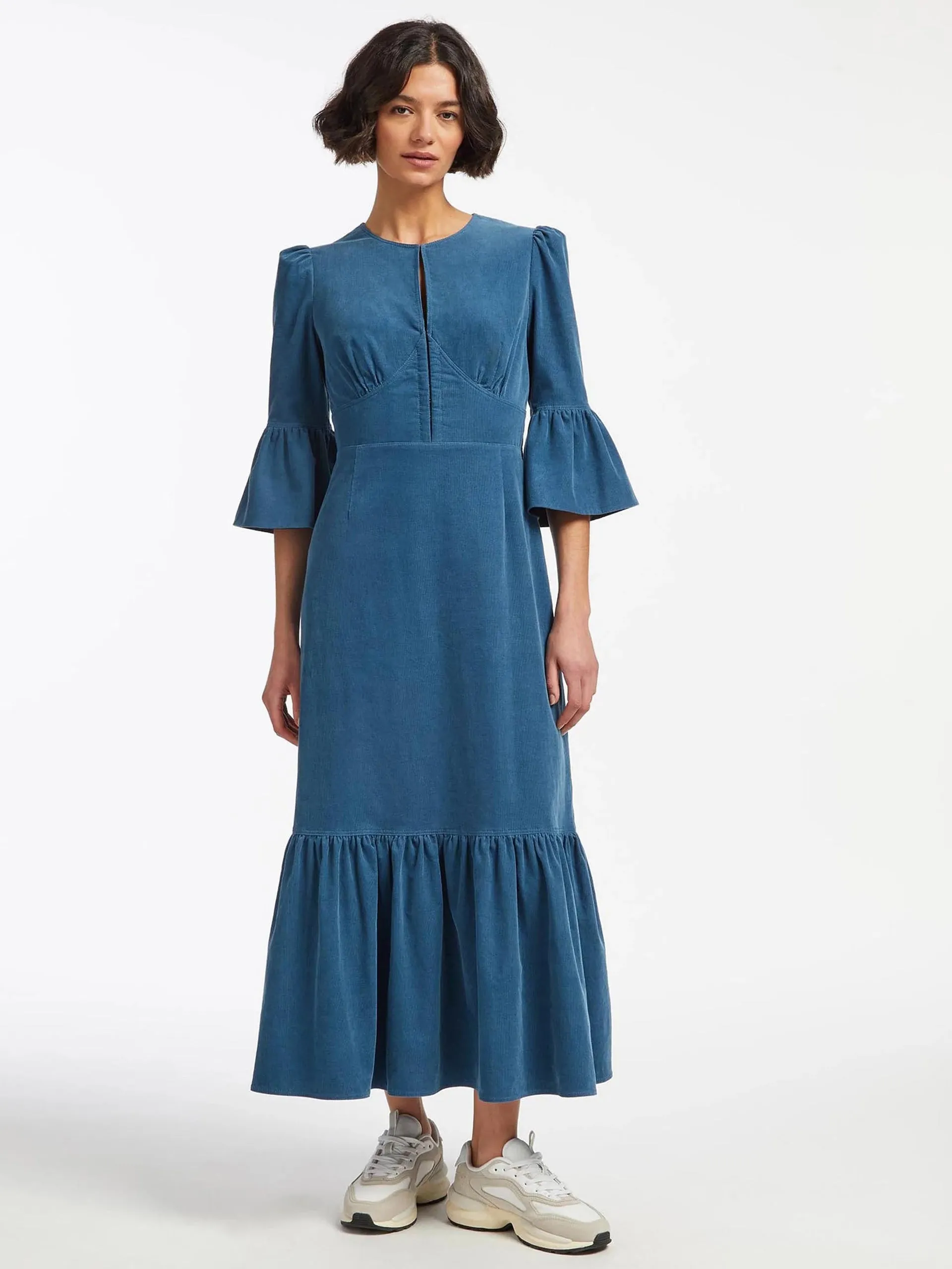 Daphne round neck mid-blue pin corduroy dress