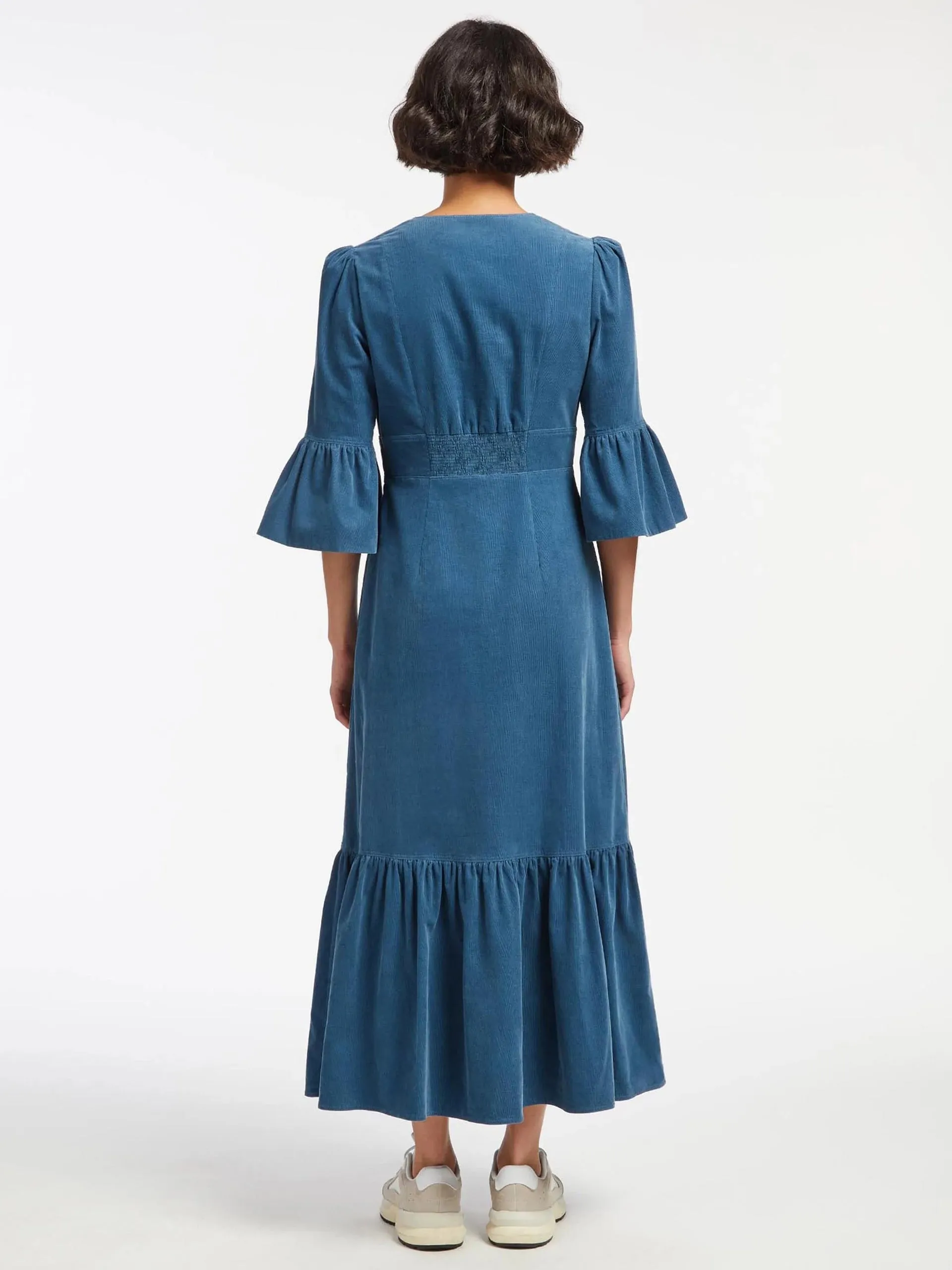 Daphne round neck mid-blue pin corduroy dress