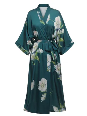 Dark Green 1950s Floral Satin Robe