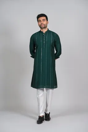 Dark Green Men's Kurta Pajama with Mirror Work