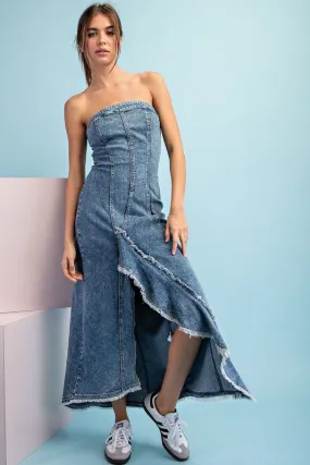 Denim Mineral Washed Frayed Denim Dress