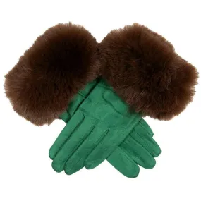 Dents Velour Lined Faux Suede Touchscreen Gloves - Emerald Green/Chocolate Brown