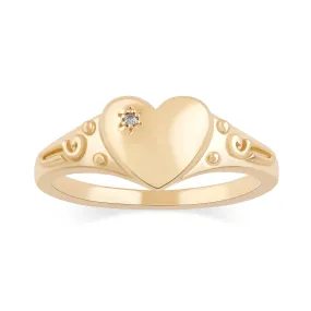 Diamond Set Heart Signet Ring with Diamonds in 9ct Yellow Gold