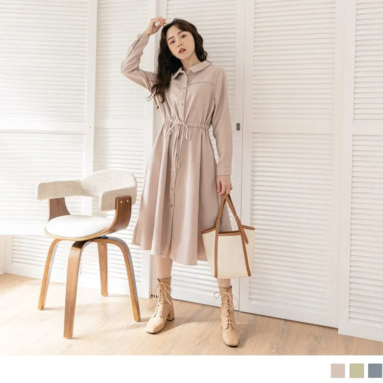 DRAWSTRING WAIST SHIRTS COLLAR A-LINE MAXI DRESS