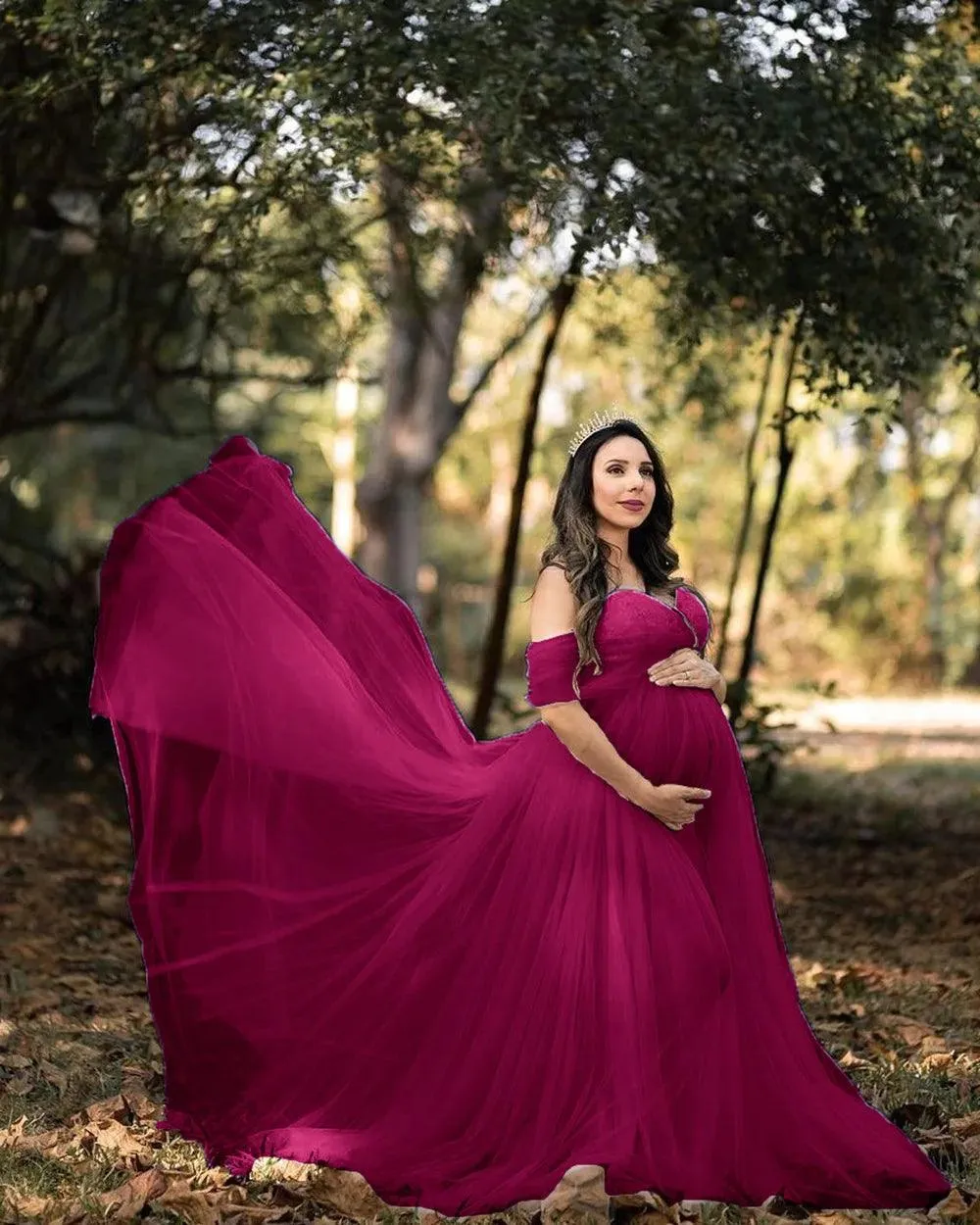 Elegant Off-Shoulder Lace Maternity Dress - Long Maxi Gown for Photoshoots & Photography Props