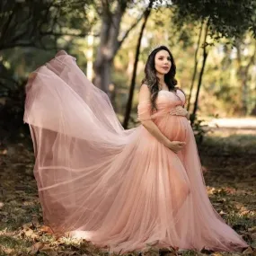 Elegant Off-Shoulder Lace Maternity Dress - Long Maxi Gown for Photoshoots & Photography Props