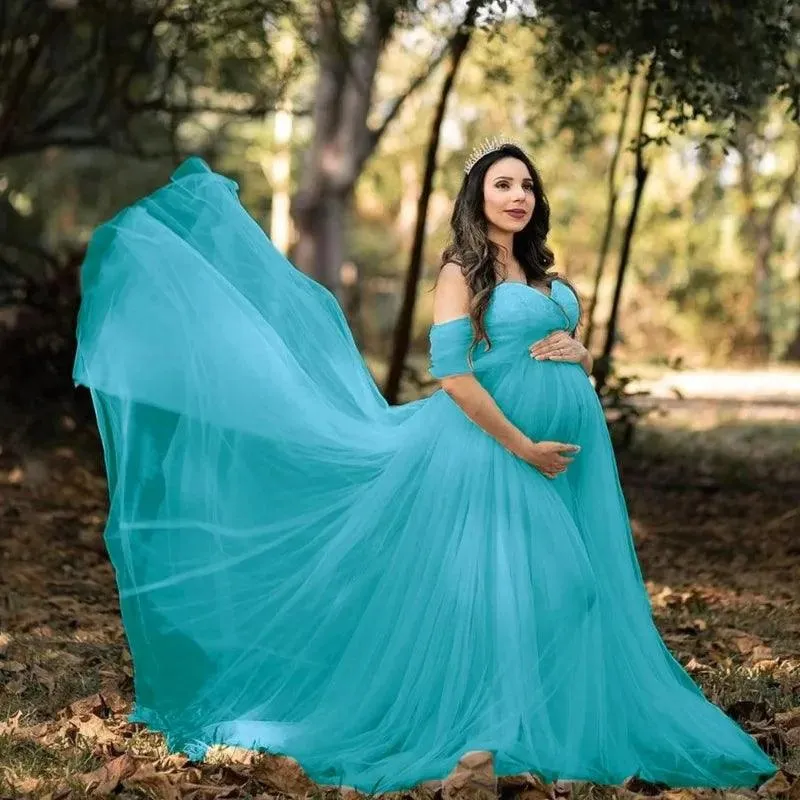 Elegant Off-Shoulder Lace Maternity Dress - Long Maxi Gown for Photoshoots & Photography Props