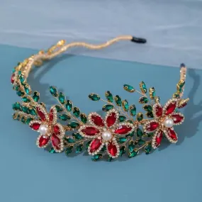 Elegant Rhinestone & Pearl Ladies Women Headband - Red and Green (Style 11)