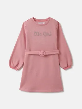 Elle Girls Pink Embellished Round Neck Full Sleeves Shift Dress