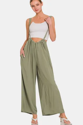 Ellison - Wide Strap Wide Leg Overalls - Olive - Exclusively Online