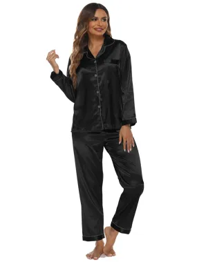 Elowel Silk Satin Pajama Set for Women -Button Down Sleepwear  Satin Pyjamas - Full Sleeve Satin Pajamas Women Loungewear Color Black