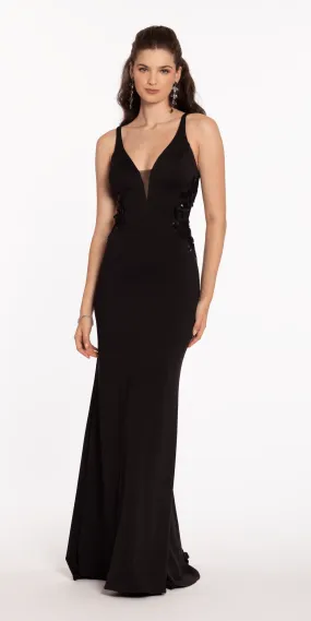 Embellished Plunging Crepe Trumpet Dress with Train Detail