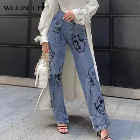 Embroidery High Waist Graphic Denim Mom Jeans