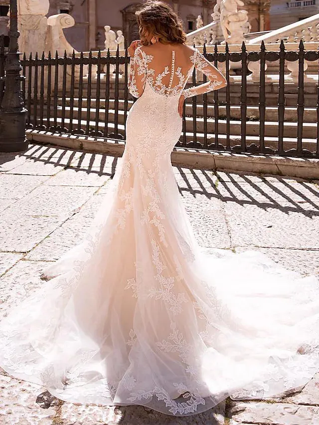 Engagement Formal Wedding Dresses Court Trumpet Long Sleeve V Neck Lace With Bridal Gowns