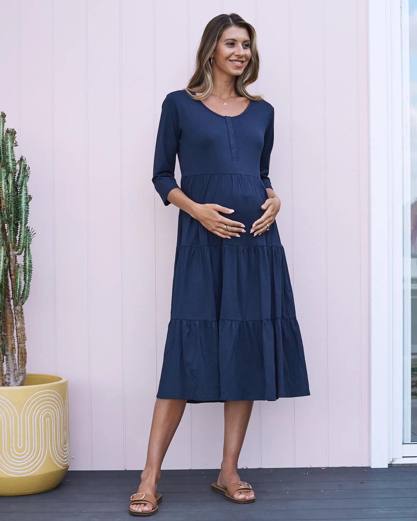 Essential Maternity Tiered Midi Dress in Navy