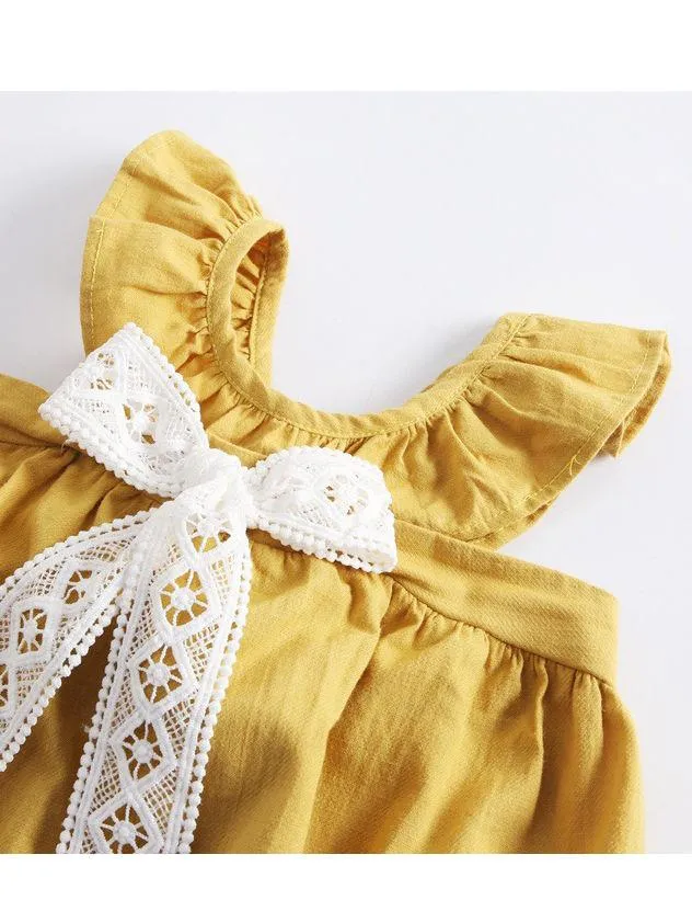 Fashion Little Big Girl Trimmed Off Shoulder Yellow Dress