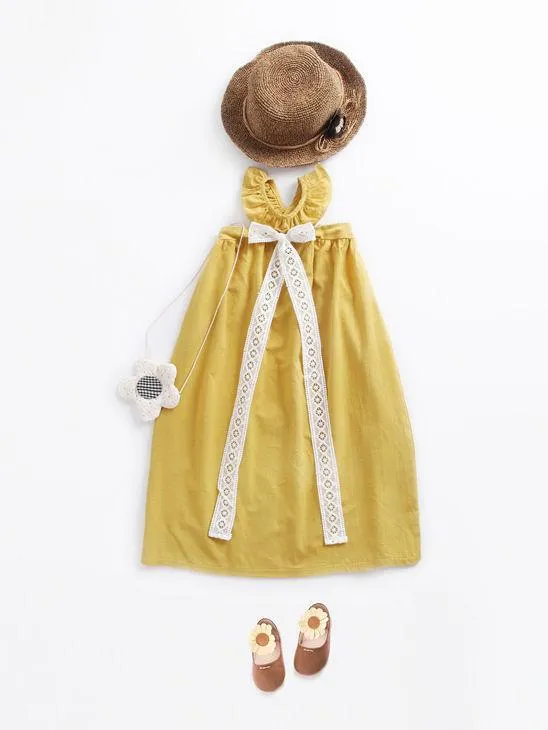 Fashion Little Big Girl Trimmed Off Shoulder Yellow Dress